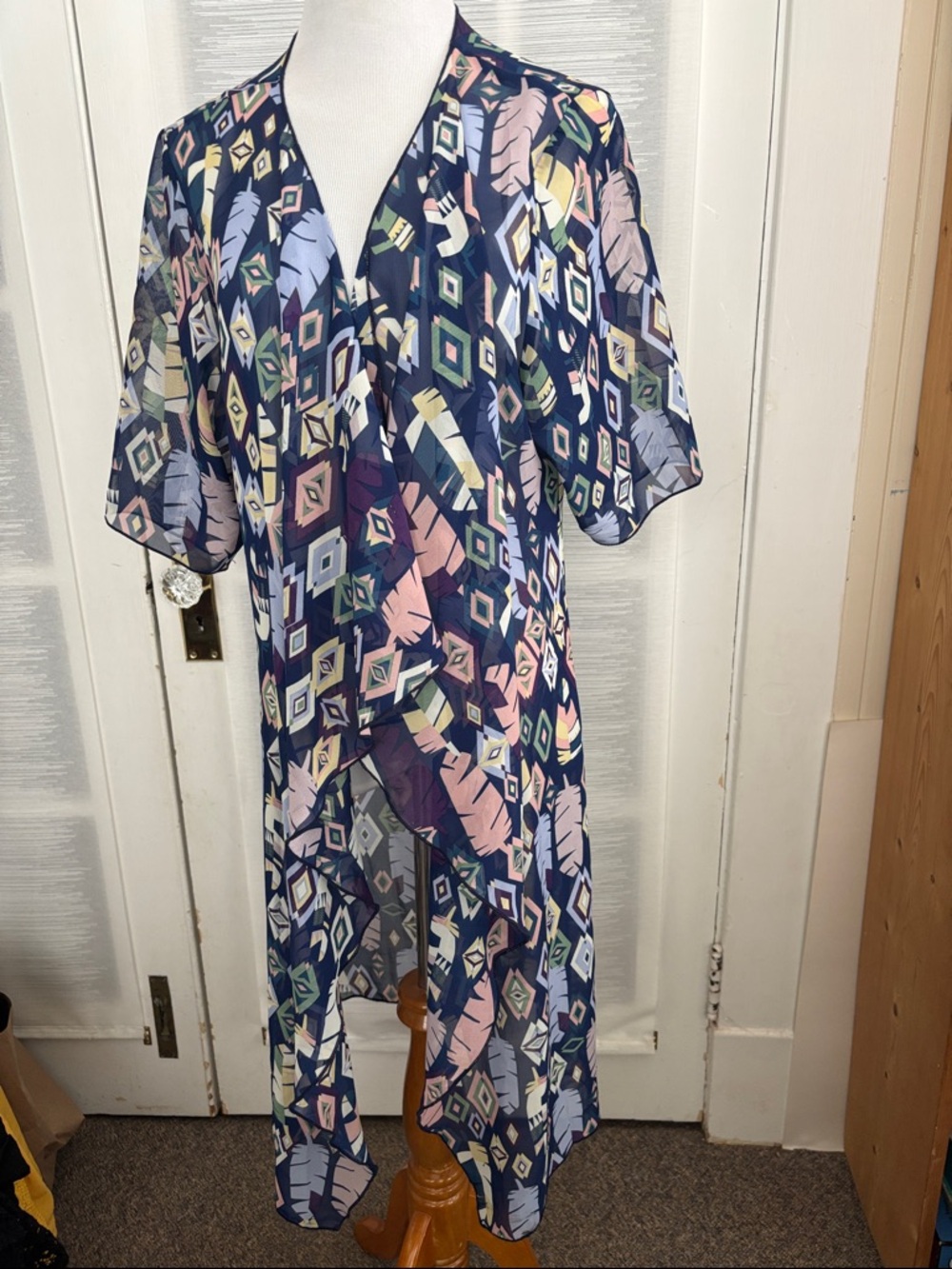 Navy Geometric & Feather Print Sheer Cardigan/Cover-Up